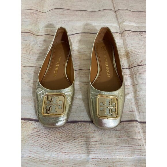 Tory Burch Women's Gold Georgia Metallic Leather Ballet Flats - 5 1/2M - Picture 2 of 8